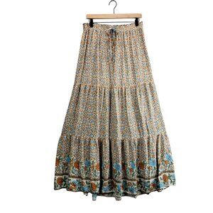 Boho Peasant Skirt Maxi Floral M Cream Peach Blue 3 Tier Hippie Rayon Cottage